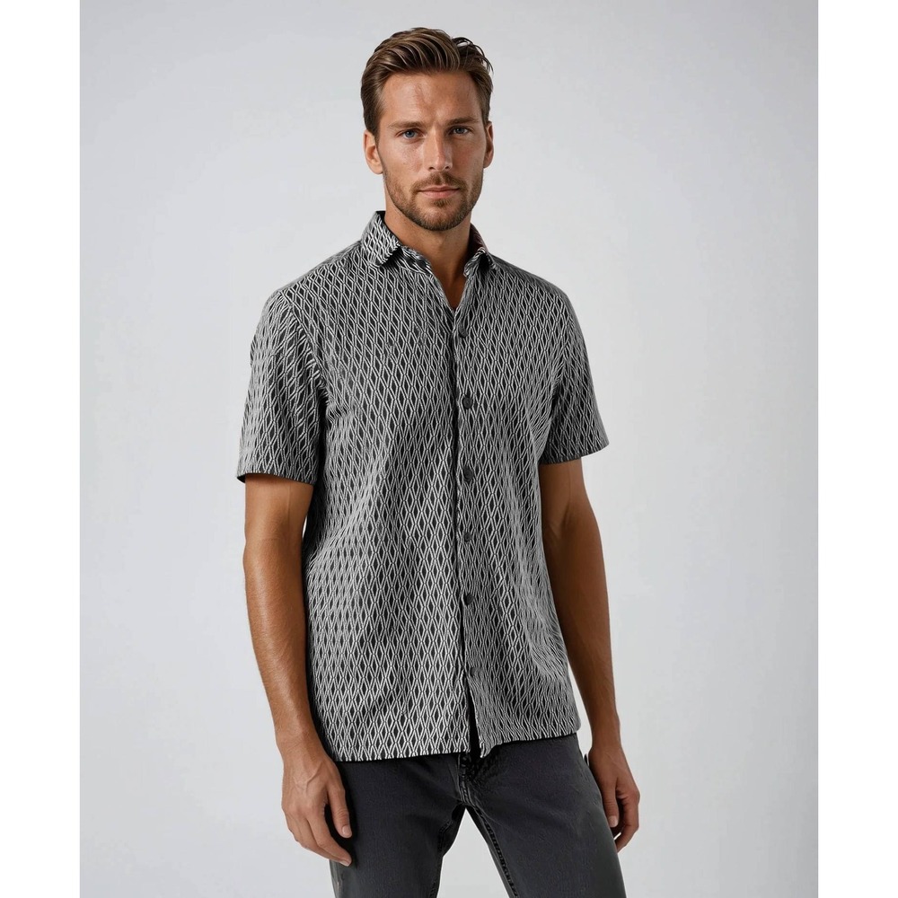 Ike Behar Black White Jacquard Diamond Contrast Knit Short Sleeve Shirt‎ - Small